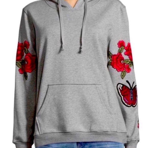 Central Park West Gray Hoodie with Red Floral Embroidery - Picture 1 of 8